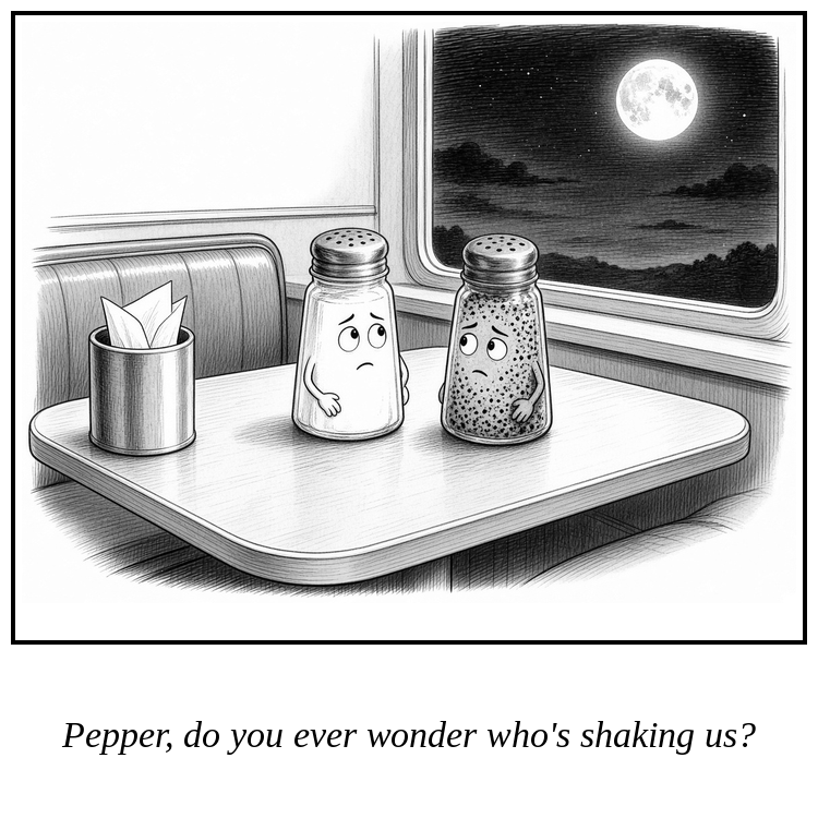Cartoon: Salt and pepper shakers in a diner booth at night; the salt stares at the moon.