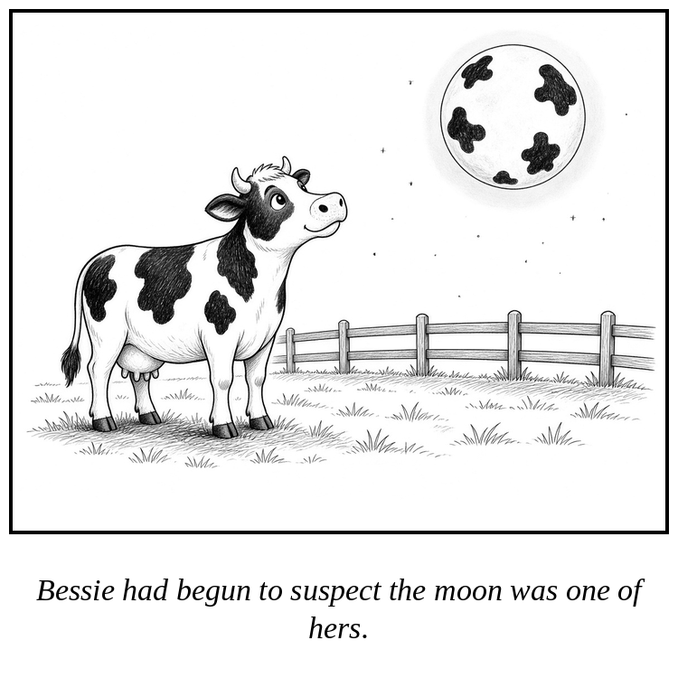 Cartoon: A Holstein gazes up at a full moon that has cow spots.