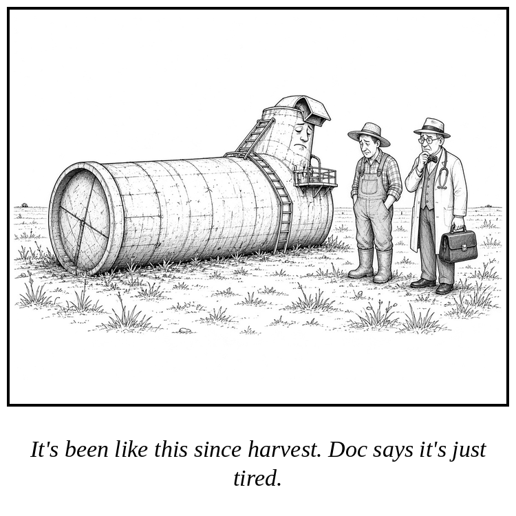 Cartoon: A grain elevator lies on its side in a field while the farmer and the doctor look on.